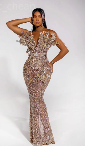 Elegant Gold Florals Sirène Robe de bal à paillettes